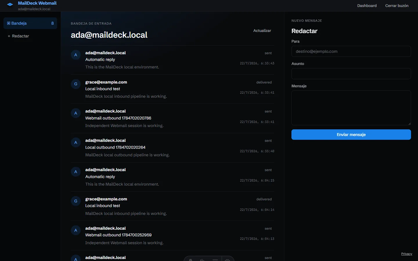 Webmail Omnero Mail con bandeja de entrada y redacción de mensaje